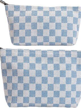 2-Pack Blue & White Checkered Makeup Bag Set - Large Capacity Cosmetic Organizer